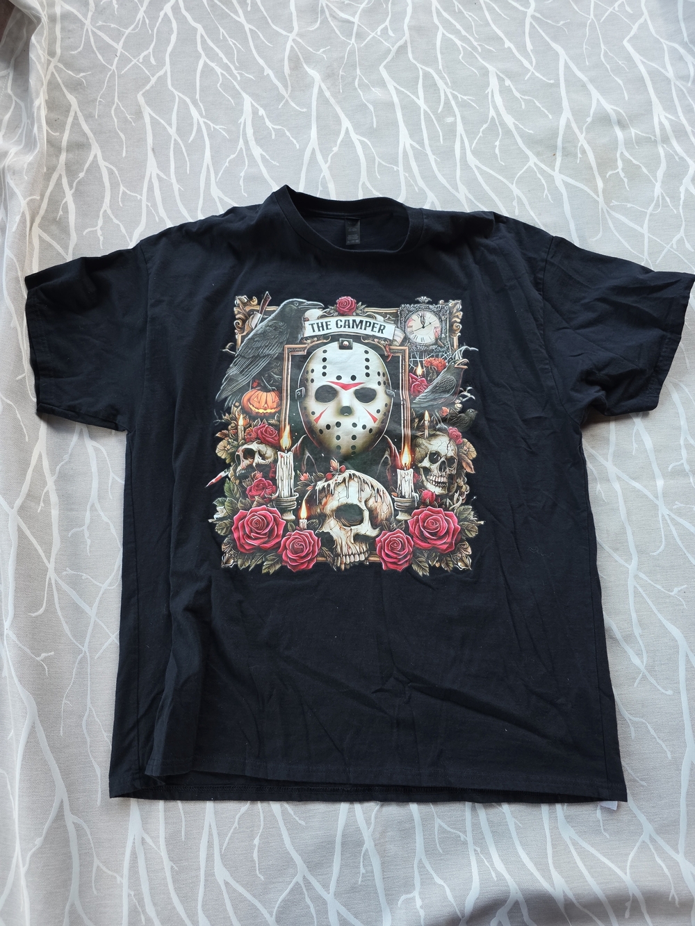 Gildan Black Graphic Tee with Horror Mask & Roses